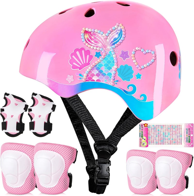 FIODAY Toddler Bike Helmet Kids Helmet Knee Pads and Elbow Pads Set Adjustable Protective Gear Set with DIY Stickers for Girls Age 3-5-8 Years - Image 1